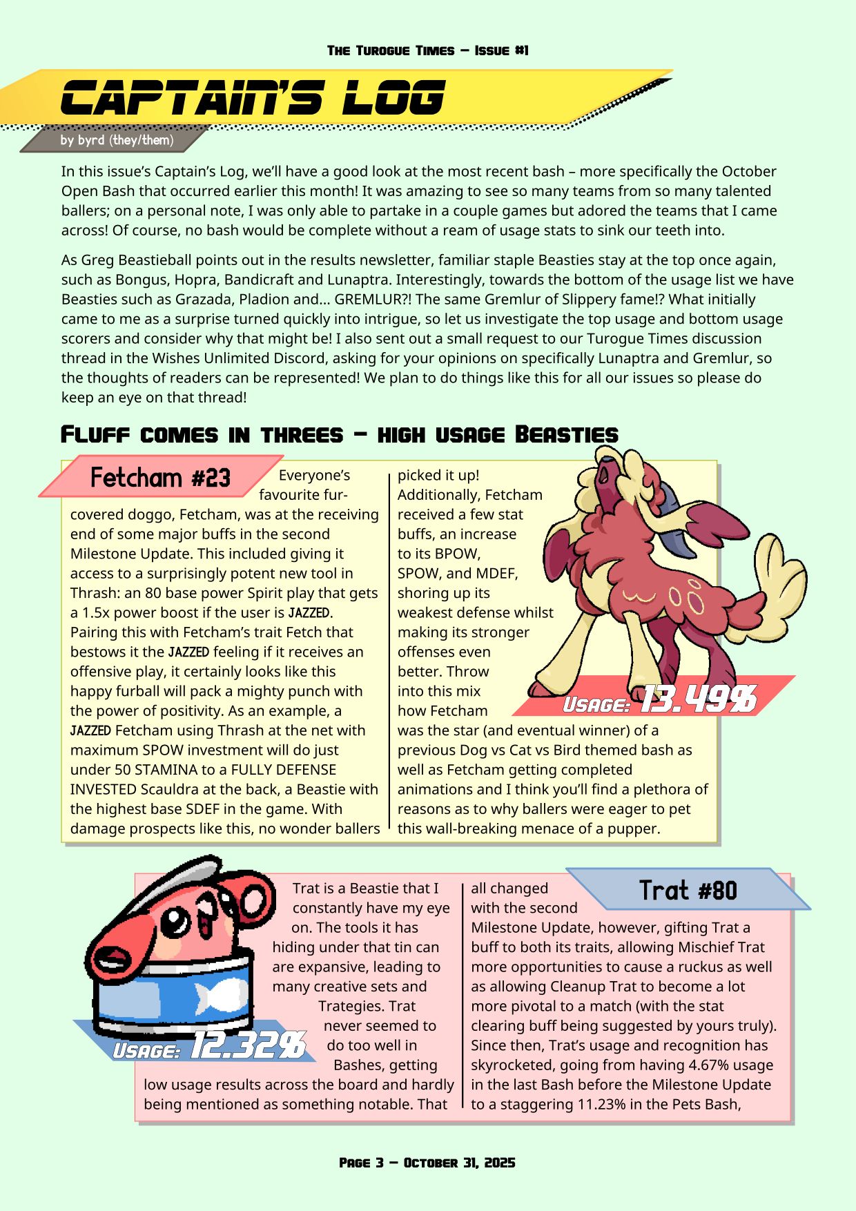 Page 3 of the Turogue Times, a Beastieball newsletter. This page is the Captain's Log, summarizing Beastie usage stats from the October Bigmoon Bash. For a more screen reader friendly format, please see the PDF download above.